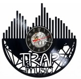 Ceas de perete decorativ realizat din disc de vinil, Model Trap Music, Soundwave Egalizator Audio, Text Urban, Cadran Skeleton, Negru, 30 cm