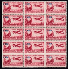 ROMANIA 1952 LP 319 POSTA AERIANA 1950 POSTA AERIANA SUPRATIPAR VALOAREA 30 LEI ROSU BRUN SUPRATIPAR 3 BANI BLOC 15 TIMBRE STARE MNH