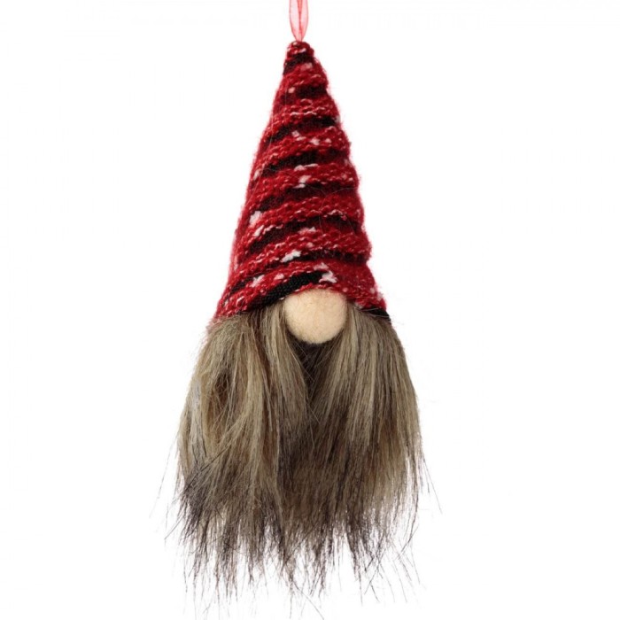 Ornament Brad Crăciun Figurină Gnome, Căciulă Roșie, Barbă Maro, 5x9cm, Poliester