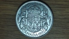 Canada - moneda de colectie argint 800 - 50 cents 1952 AUNC - King George VI - serie mai rara fara IND:IMP, greu de gasit !