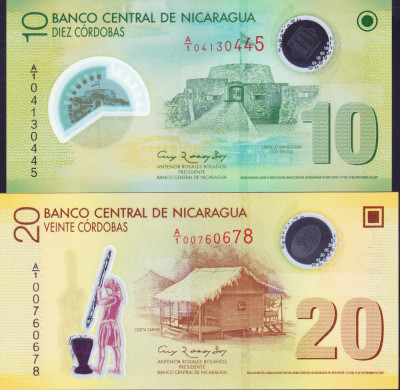 Bancnota Nicaragua 10 si 20 Cordobas 2007 - P201a/202a UNC ( set x2 polimer ) foto
