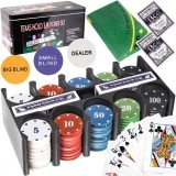 Set de Poker Complex cu 200 de jetoane, covoras verde, 2 seturi de carti, in cutie metalica