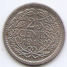 Olanda 25 Cents 1918 - Wilhelmina, Argint 3.575g/640, 19 mm KM-146