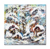 Cumpara ieftin Tablou peisaj de iarna pictat manual stilizat, 30x30cm acril pe panza in cutit efect 3D, Kenny Varniote