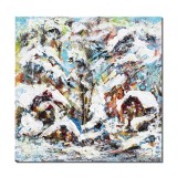 Tablou peisaj de iarna pictat manual stilizat, 30x30cm acril pe panza in cutit efect 3D, Kenny Varniote