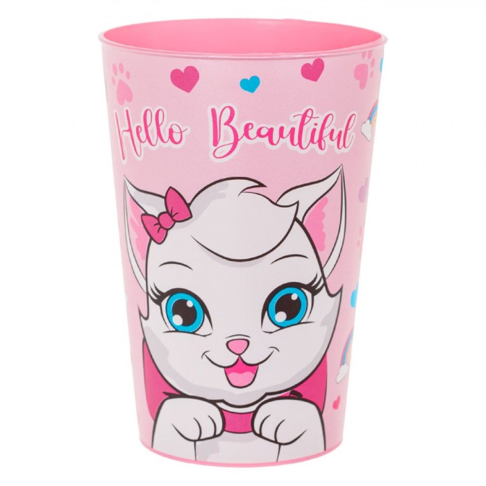 Pahar plastic pentru copii cu desen de pisica roz &quot;Hello Beautiful&quot; 340ml