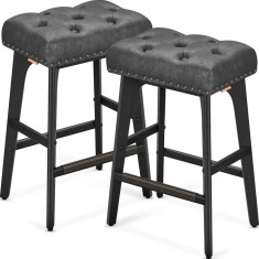 VASAGLE Set 2 scaune bar cu tapiterie piele ecologica, picioare din lemn, 44x32x66 cm, negru Household NewTrend