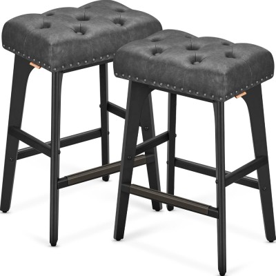 VASAGLE Set 2 scaune bar cu tapiterie piele ecologica, picioare din lemn, 44x32x66 cm, negru Household NewTrend foto