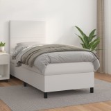 VidaXL Pat box spring cu saltea, alb, 90x200 cm, piele ecologică