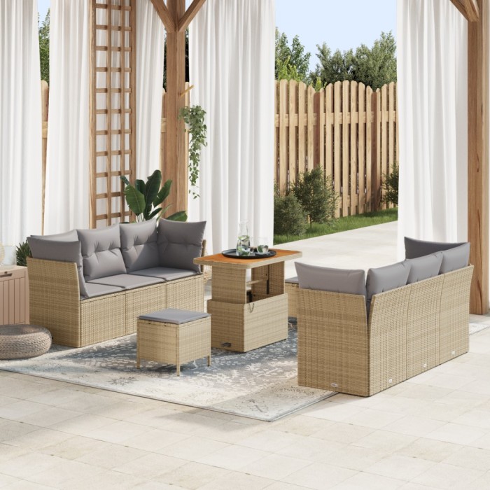 Set de canapea modulara de 9 piese pentru gradina cu perne bej poli ratan acacia, set de dining pentru gradina de 3 piese cu perne bej poli ratan acac