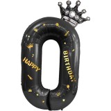 Cumpara ieftin Balon folie cifra 0 cu coroana Happy Birthday 100 cm, negru, umflare aer sau heliu, aniversare decor petrecere