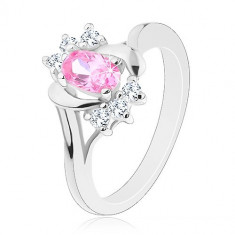Inel de culoare argintie, oval mare roz, arcade netede cu zirconii - Marime inel: 51