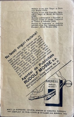 1931 Reclamă rom&amp;acirc;nească Agentia de Publicitate RUDOLF MOSSE Bucuresti interbelic Calea VICTORIEI Nr.31 istoria publicitatii romanesti vanzari media foto