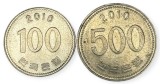 Coreea de Sud , lot 31 - 100 + 500 Won 2010, Asia, Cupru-Nichel