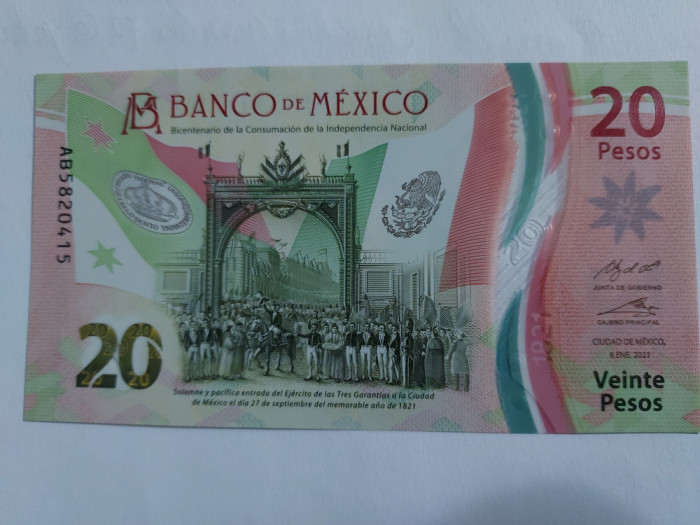 Mexic 20 Pesos Comemorativa 2021 Polimer Seria AB Semnatura 2 UNC