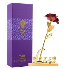 Trandafir suflat cu aur de 24K - Rosu + Suport Love