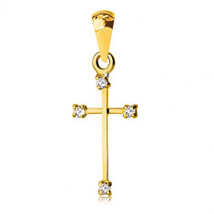 Pandantiv din aur galben 14K - cruce cu brațe înguste și zirconii transparente