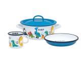 Set 3 piese Dino Metalac, email, Cana 8cm, Caserola cu capac 14cm, Farfurie 18cm