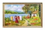Cumpara ieftin Tablou inramat peisaj de vara pictat manual, Colt de rai, 110x70cm ulei pe panza Constantin Feraru