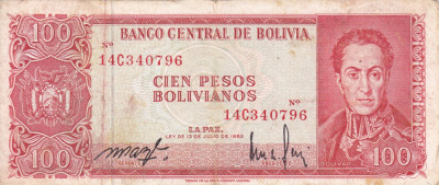 BOLIVIA 100 pesos bolivianos 1962 VF!!! foto