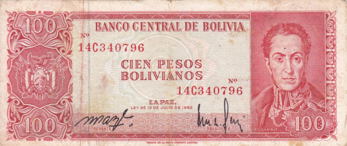 BOLIVIA 100 pesos bolivianos 1962 VF!!!