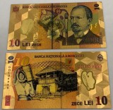 Replica Bancnota 10 Lei 2005, Polimer Placata Aur 24K + Plic + Certificat Autenticitate - Suvenir/Cadou Colectie