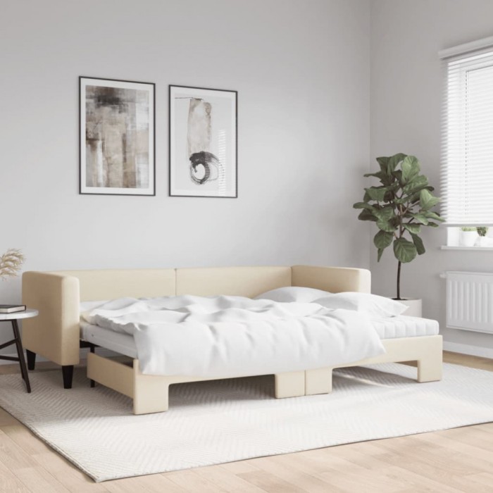 vidaXL Pat de zi cu extensie și saltele, crem, 80x200 cm, textil 3196595