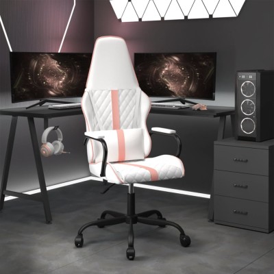 Scaun de gaming de masaj, alb și roz, piele ecologică foto