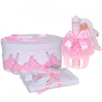 Set elegant trusou botez, cutie trusou si lumanare personalizata cu nume, decor foto