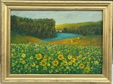 Mircea Popescu Tablou Peisaj Lan Cu Floarea Soarelui pictura ulei inramata 42x56cm