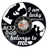 Ceas de perete decorativ realizat din disc de vinil, Model Ziua Tatalui cu Familie si Pescuit, Text The Best Dad Belongs to Me, Negru, 30 cm