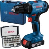 Bosch GSB 183-LI + 2607017319 - Masina de gaurit si insurubat cu percutie cu 1 acumulator Li-Ion 18 V 2 Ah 56 Nm valiza plastic + Set capete de insuru