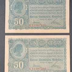 50 Bani BGR - 1917 , 2 bancnote consecutive . Banca Generala Romana . AUNC !