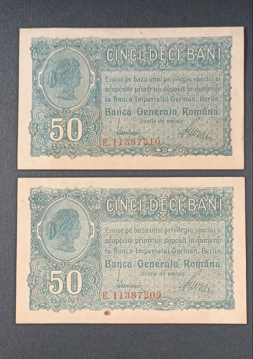 50 Bani BGR - 1917 , 2 bancnote consecutive . Banca Generala Romana . AUNC !