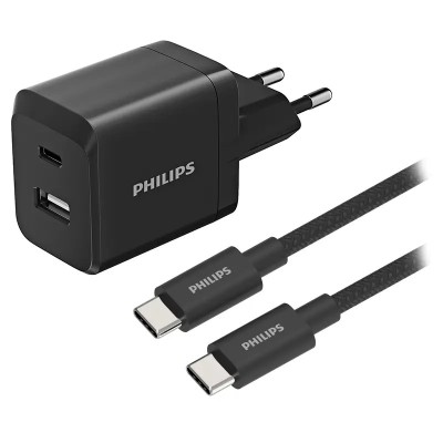 Incarcator retea dual GaN USB-A + USB-C QC Power Delivery 45W PHILIPS DLP5321NB/12 foto