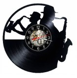 Ceas de perete decorativ realizat din disc de vinil, Model Saxofonisti Jazz Duet, Muzica, Negru, 30 cm