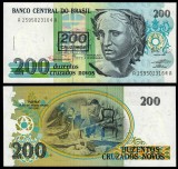 BRAZILIA █ bancnota █ 200 Cruzeiros █ 1990 █ P-225b █ UNC █ necirculata