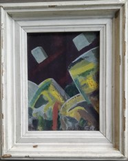 Tablou abstract, 1987, tempera pe carton subtire, semnat indescifrabil, 33x28