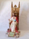 Sculptură Antică Magnifică a lui Hristos Regele &Icirc;ntronat - Inima lui Isus (Tip Olot), 60 cm