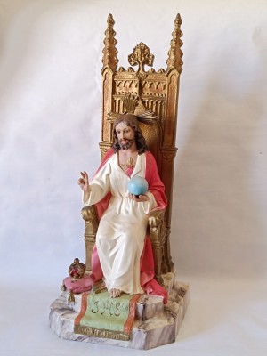 Sculptură Antică Magnifică a lui Hristos Regele &amp;Icirc;ntronat - Inima lui Isus (Tip Olot), 60 cm foto