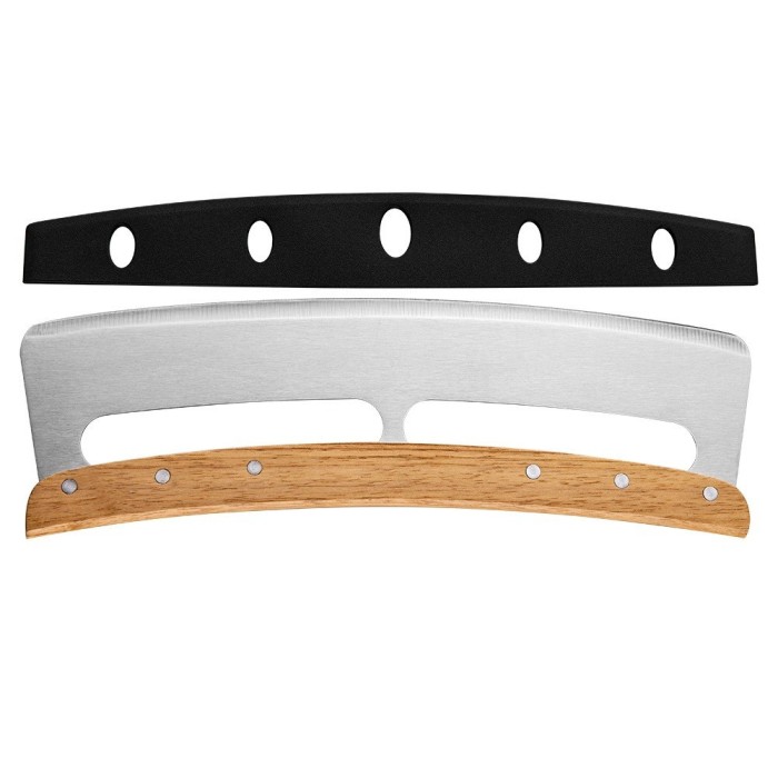 Taietor feliator de pizza, flippy, din otel inoxidabil, cu capac, maner din lemn, antialunecare, lama neteda si ascutita, 34x10 cm, maro