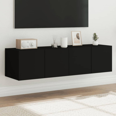 vidaXL Comode TV de perete cu lumini LED, 2 buc., negru, 60x35x31 cm foto