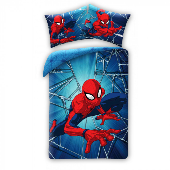 Lenjerie de pat Spiderman Dynamic, 2 Fete. 2 Piese, 140A 200 cm, 70A 90 cm, 100% Bumbac, Clasa I
