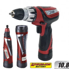 Set masina pentru gaurire si insurubare cu baterie 10.8V LI ION + Lanterna + Minipolizor drept Raider Power Tools