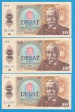 SET 3 BANCNOTE CEHOSLOVACIA - 10 KORUN 1986, SERII CONSECUTIVE,STARE FOARTE BUNA