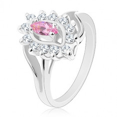 Inel lucios argintiu, zircon oval roz, zirconii rotunde, transparente - Marime inel: 51