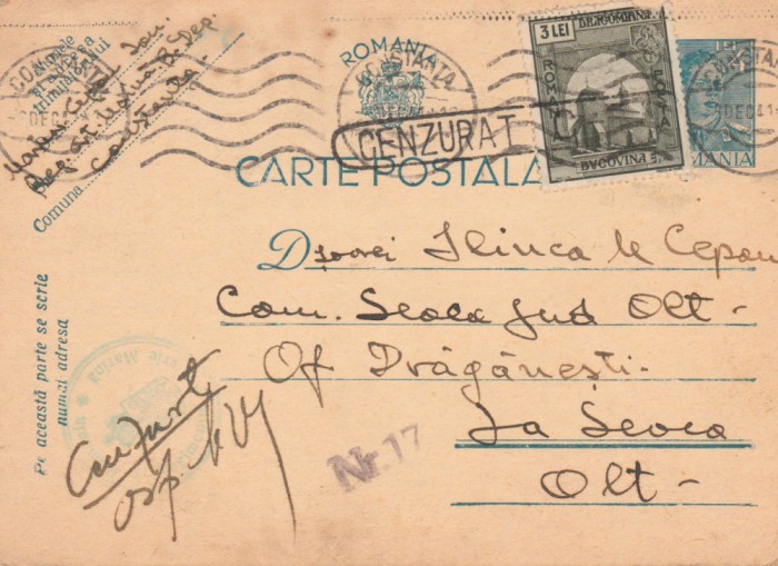 1941 Romania WW2 - Carte postala, intreg cu stampila de cenzura CONSTANTA 17