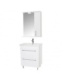 Baza si lavoar ceramic GN0541 cu oglinda dulap GN0201, mobilier baie stativ 60 cm, front MDF, 2 sertare, picioare cromate reglabile, LED, alb