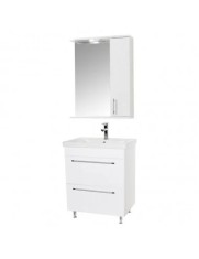 Baza si lavoar ceramic GN0541 cu oglinda dulap GN0201, mobilier baie stativ 60 cm, front MDF, 2 sertare, picioare cromate reglabile, LED, alb