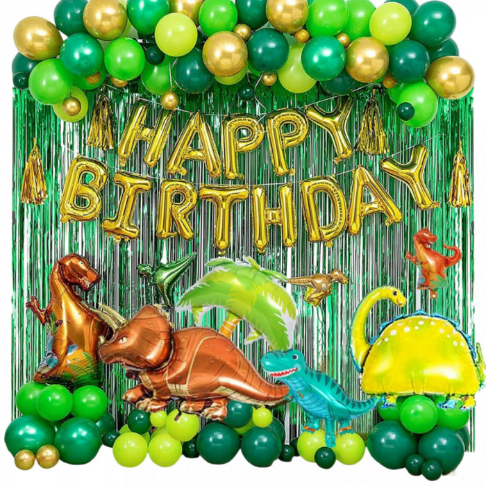Set de baloane cu dinozauri pentru petrecere aniversara, zi de nastere pentru copii, 150 de piese, latex si folie, verde si auriu